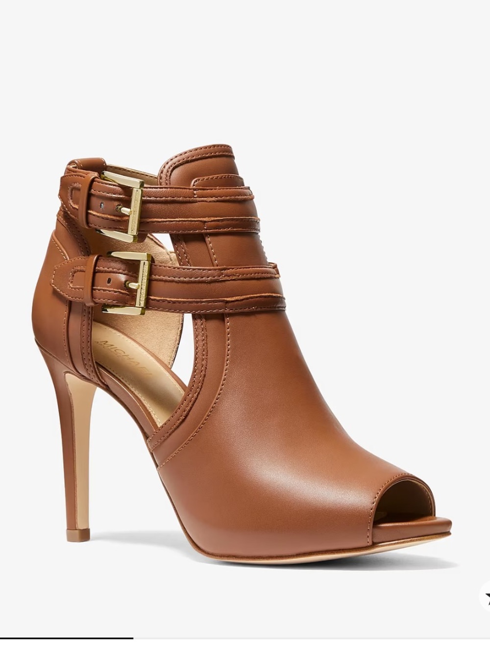 Michael Kors Blaze Open Toe Leather Bootie. Color Acorn.